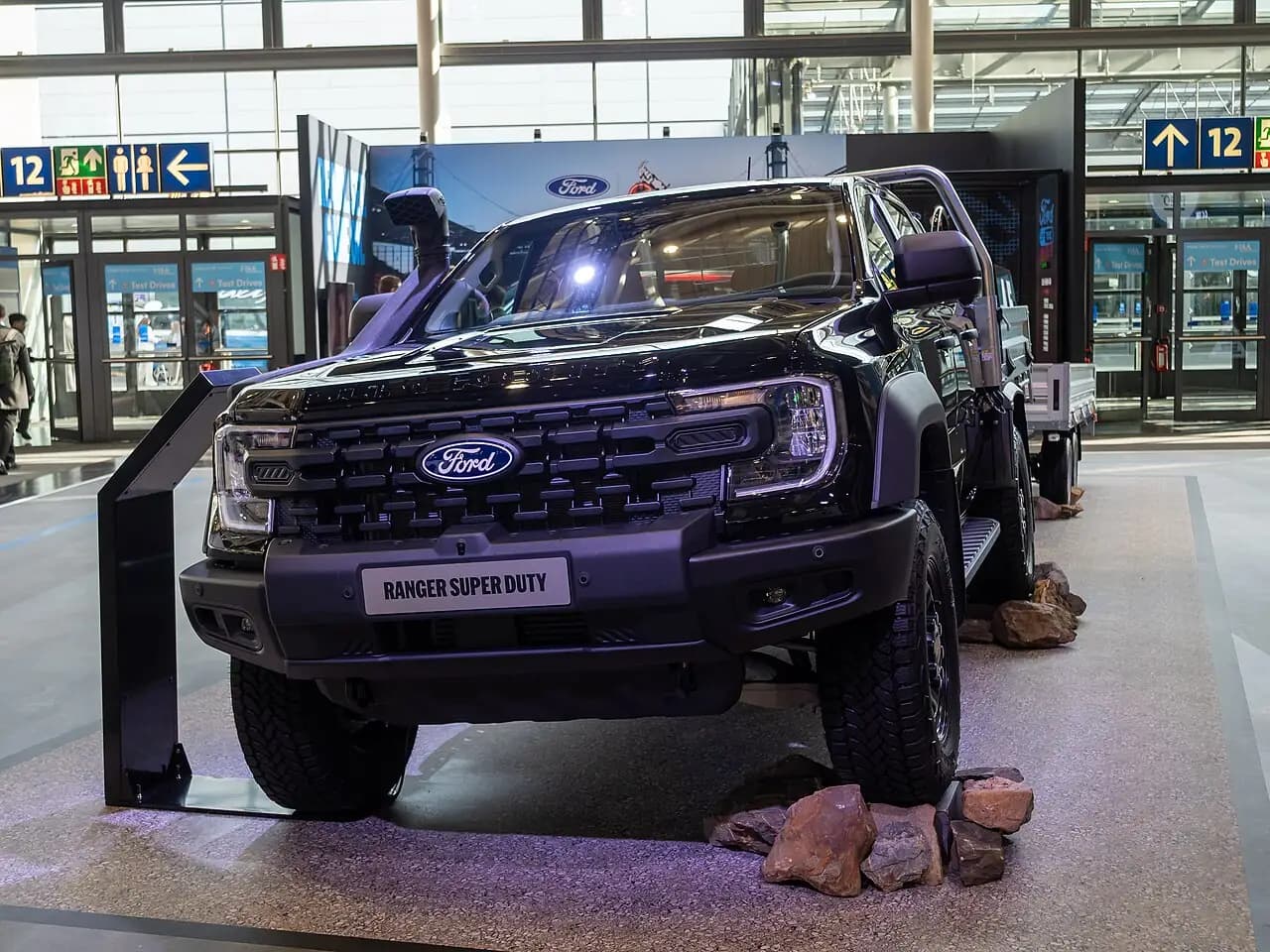 Black Ford Ranger Super Duty double cab chassis with snorkel, front view at IAA Transportation 2026