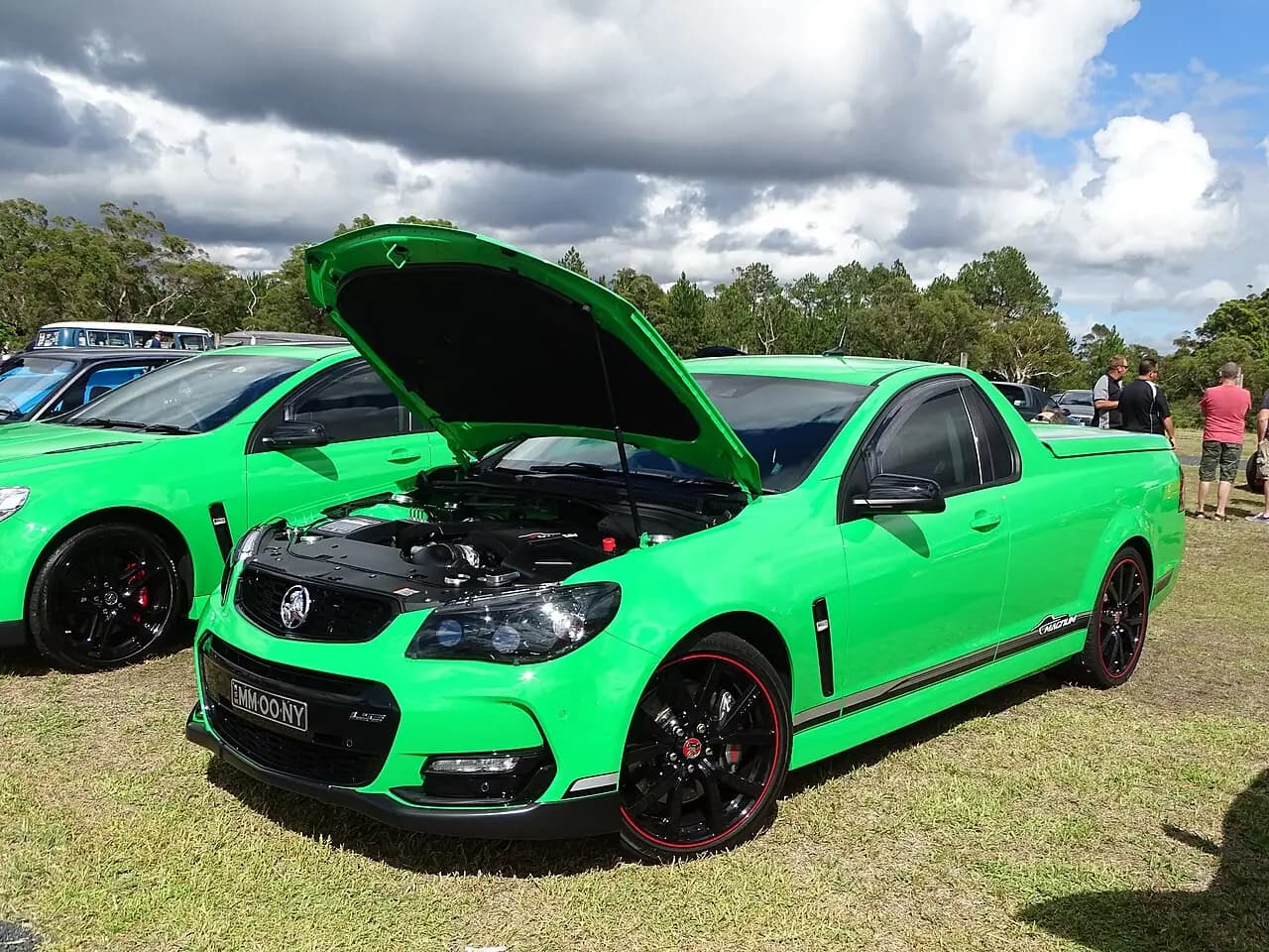 Spitfire Green 2017 Holden Magnum ute (VF II SS-V Redline based), front three-quarter view, bonnet raised