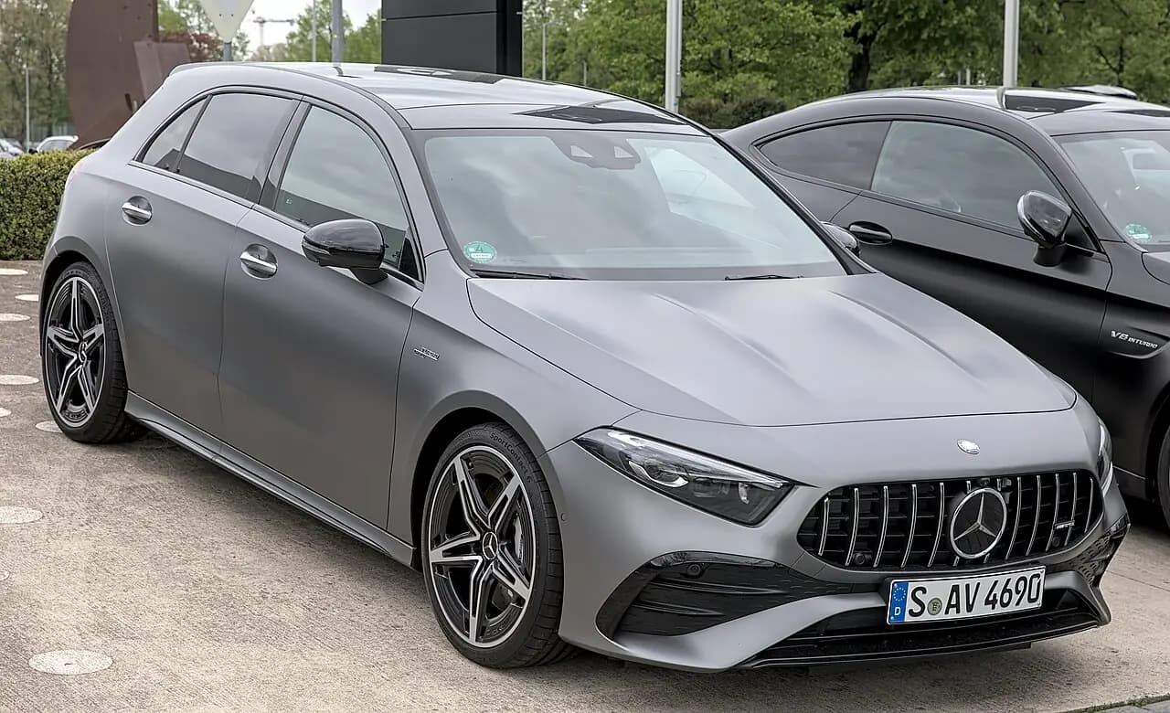 Matte grey Mercedes-AMG A 35 4MATIC hatch (W177 facelift), front three-quarter view