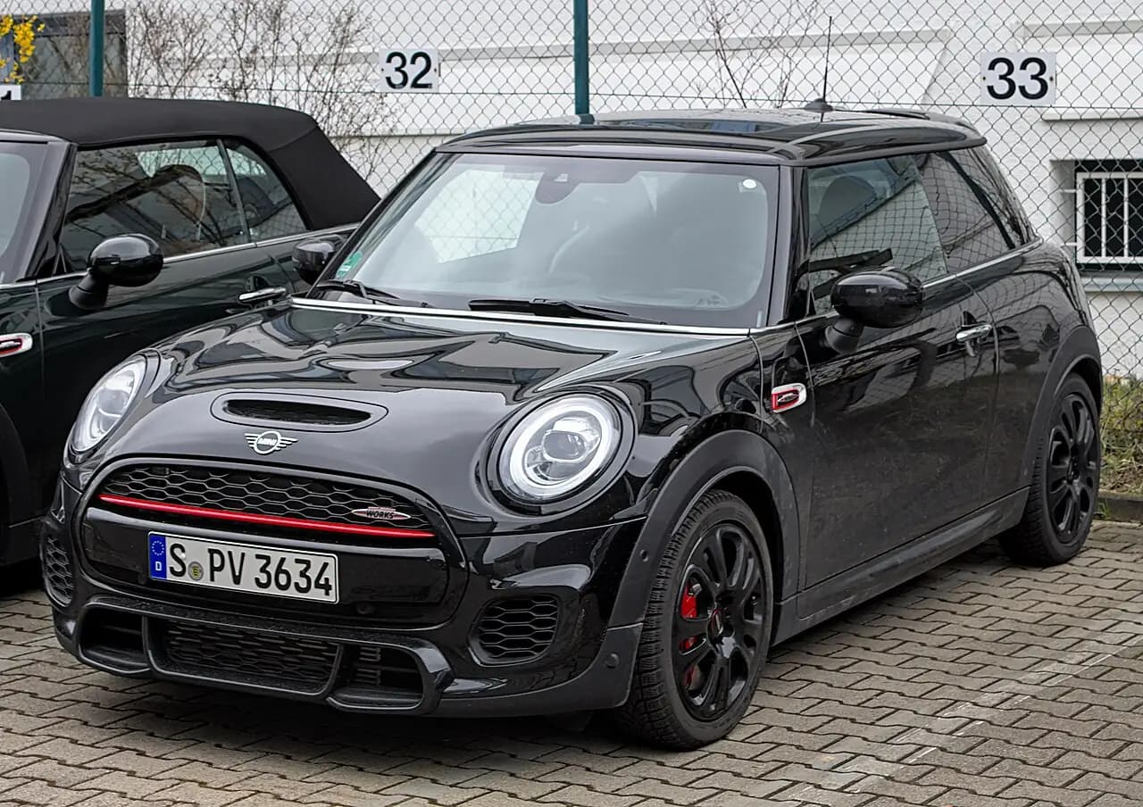 Black 2020 Mini John Cooper Works 3-door hatch (F56 LCI1), front three-quarter view