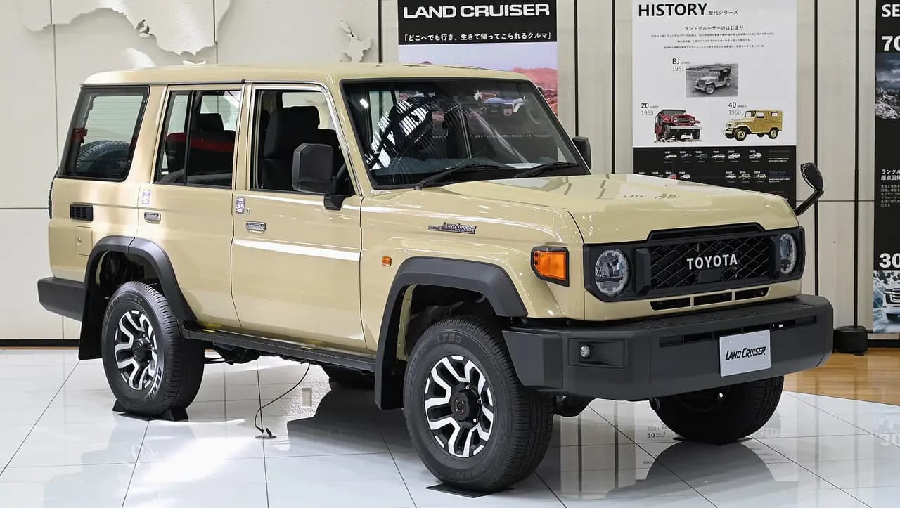 Beige 2023 Toyota LandCruiser 76 Series wagon, front three-quarter view