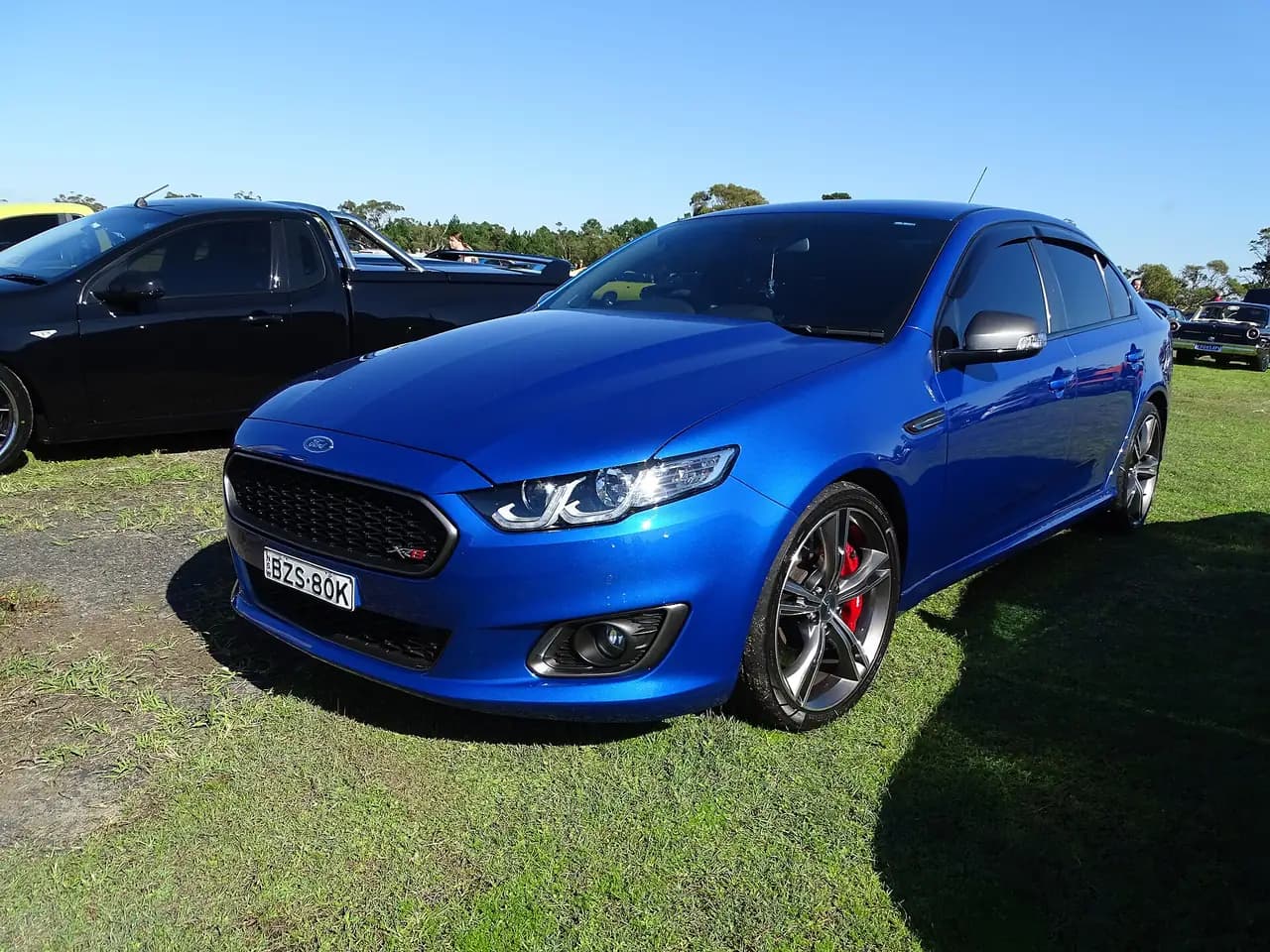 Blue Ford Falcon XR8 (FG X) sedan, front three-quarter view