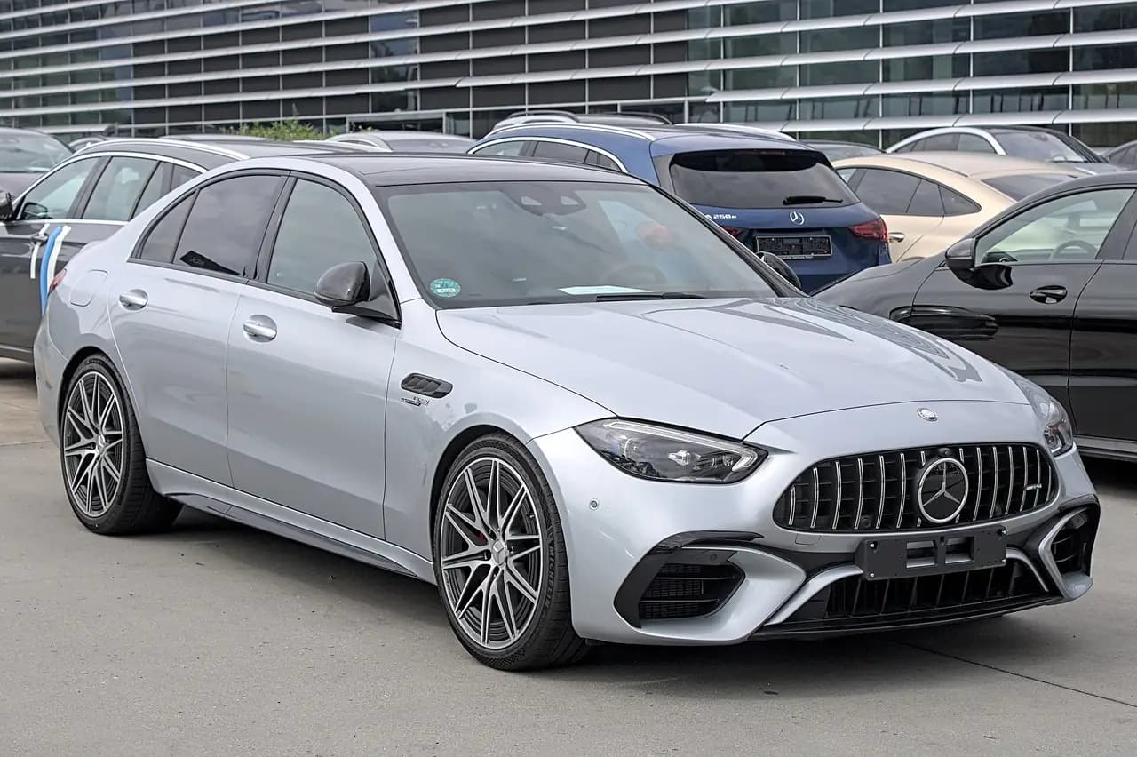 Silver Mercedes-AMG C 63 S E Performance sedan (W206), front three-quarter view