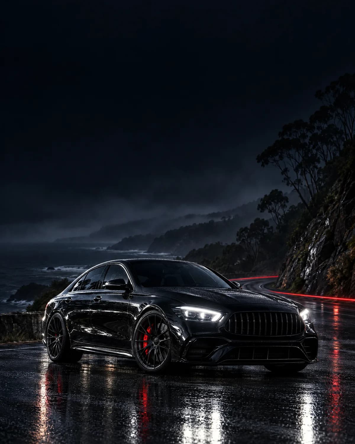 Black four-door performance coupe with red brake calipers on a wet coastal mountain road at night, dark misty sky above and eucalyptus trees on the cliffside.
